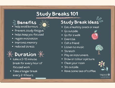 This poster highlights the importance of taking breaks and gives some ideas of breaks for students Break Ideas For Students, Study Rewards Ideas, Study Break Ideas, Sheffield University, Studie Hacks, School Study Ideas, Exam Study Tips, Study Strategies, Best Study Tips