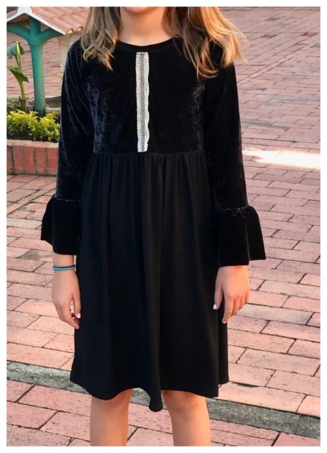 This easy-to-sew girls' dress is great for special occasions or play depending on the fabric you use. And it is made from a free pattern! #girlsvelvetdress #kidfashion Simple Girls Dress Pattern, Girls Long Sleeve Dress Pattern, Simple Girls Dress, Black Velvet Frock, Long Sleeve Dress Pattern, Velvet Frock, Girls Dress Pattern Free, Girls Velvet Dress, Girls Dress Pattern