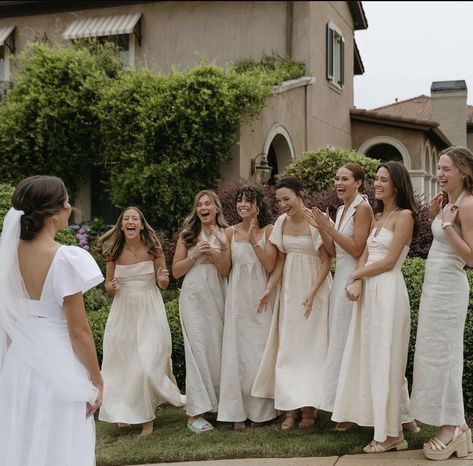 Beige Bridesmaid Dresses Mismatched, Ecru Bridesmaid Dresses, Oatmeal Bridesmaid Dresses, Tan Bridesmaids Dress, Bridesmaids In Cream, Beige Linen Bridesmaid Dress, Off White Bridal Party, Bridesmaid Dress Neutral, Bridesmaid Dress Same Color Different Style