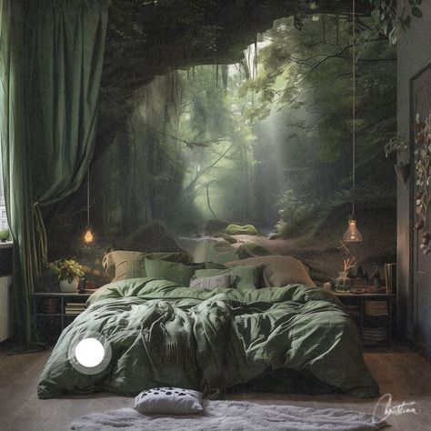 Lush green compfortor set that puts youinto a sleep experience as serene as an enchanted forest. #MagicalHouse #HomeInspiration #Decor #InteriorLovers #ModernHome #BedroomDecor #Homestyle #WallDecor #DesignIdeas#DecoratingIdeas #InteriorDesign #MasterBedroomDesign #InteriorDecor #Decoration #BedroomDesigns #ModernBedroom #Bedside #BedroomInterior #Room #HomeInspiration #Interiors #InteriorLovers #InteriorDesire #WallDecor #BedroomDecor Magical Forest Bedroom Ideas, Enchanted Forest Bedroom Decor, Enchanted Forest Home Decor, Enchanted Forest Bedroom Ideas, Enchanted Forest Room, Forest Bedroom Ideas, Forest Wallpaper Bedroom, Enchanted Forest Bedroom, Forest Bed