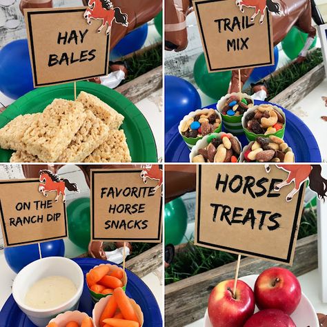 Goat Party Theme Food Ideas, Rodeo Themed 1st Birthday Snacks, Rodeo Themed Birthday Party Food, Horse Birthday Party Treats, Horse Theme Birthday Games, Wild West Food Ideas Western Theme, Horse Party Snack Ideas, Ranch Theme Party Food, Trail Ride Birthday Party