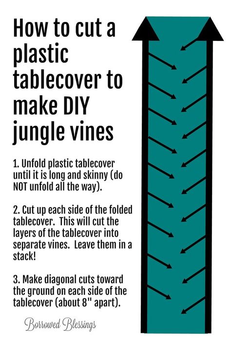 DIY Jungle Vines from Plastic Tablecovers - Shipwrecked VBS Decor - Borrowed BlessingsBorrowed Blessings Backyard Jungle Party, Vbs Wild Life From Grow Kids 2023, Vbs Door Decorations, Diy Jungle Vines, Shipwrecked Vbs, Jungle Vines, Jungle Decorations, Dog Hair Bow, Decoration Birthday Party