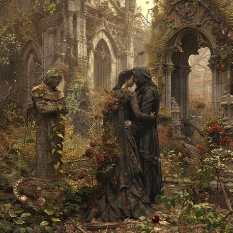 An overgrown, abandoned gothic garden, a couple stealing a kiss among the ruins, thorny roses and statues covered in moss, the air thick with melancholy and romance. This vintage-inspired digital download is perfect for printing and decorating your living room, bedroom, dining area, or even your office. Elevate your space with a touch of eerie charm and academic aesthetic. Our printable wall art files are available for instant download. Whether you prefer printing at home or utilizing a printing service, these files provide flexibility. You can print them on paper and frame them or get creative by customizing them onto other products like canvases or wall tapestries. Once you make a purchase, you can conveniently access your downloads by visiting your Etsy profile and navigating to the "Pu Garden Of Time Aesthetic, Goth Romance Aesthetic, Gothic Garden Aesthetic, Overgrown Abandoned, Dark Cottagecore House, Enchanted April, Academic Aesthetic, Goth Guys, Gothic Garden