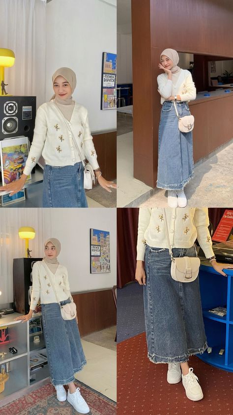 Ootd Cardigan, Kulot Pants, Outfit Ngampus, Outfit Hijab Casual, Rok Outfit, Ootd Hijab Casual, Mix Match Outfits, Muslim Outfits Casual, Denim Skirt Outfits