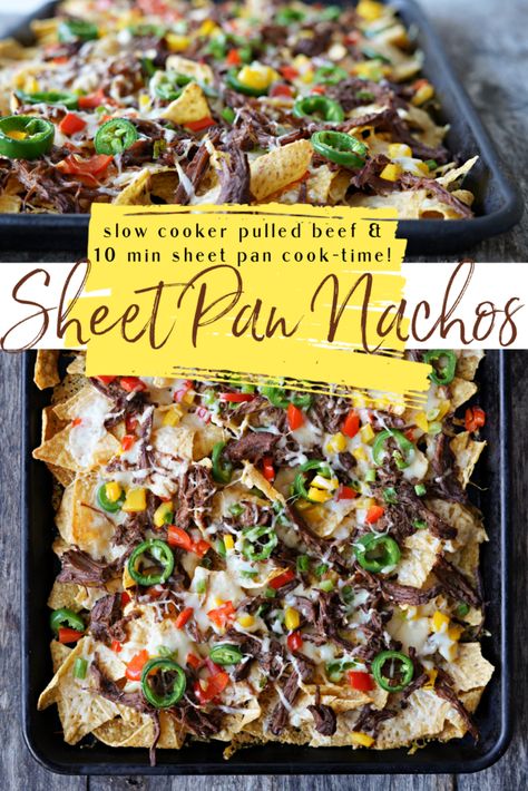 Sheet Pan Nachos with Slow Cooker Pulled Brisket or Beef Roast - Raising Generation Nourished Slow Cooker Pulled Beef, Gluten Free Nachos, Pulled Brisket, Sheet Pan Nachos, Pan Nachos, Pulled Beef, Beef Roast, Ground Beef Tacos, Fun Friday