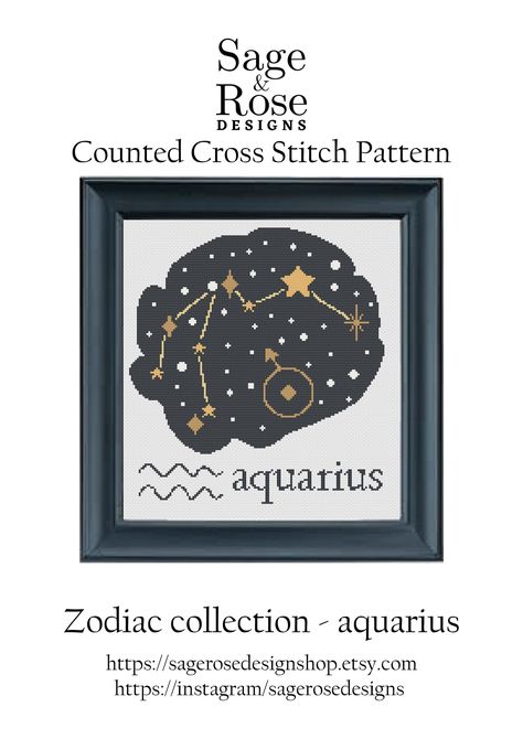 Cross stitch pattern Zodiac - aquarius, PDF instant download by sagerosedesignshop on Etsy Zodiac Academy, Zodiac Aries, Aquarius Zodiac, Aries Zodiac, Taurus Zodiac, Leo Zodiac, Needle Art, Cross Stitch Chart, Counted Cross Stitch Patterns