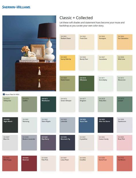 Sherwin Williams Color Collections - Classic and Collected - Interiors By Color Interior Paint Colors 2023 Trends Sherwin Williams, Sherwin Williams Collections, Westhaven Sherwin Williams, Midcentury Modern Color Palette, Sherwin Williams Blue, Sherwin Williams Green, Sherwin Williams Color Palette, Collected Interiors, Trending Paint Colors