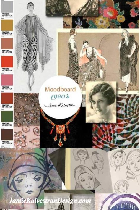 1920's Moodboard and Color Palette Coloring Book Cover, Kindergarten Pictures, Fantasy Angel, Board Inspiration, Textile Designer, Colour Inspiration, Design Seeds, Fashion Collage, Roaring 20s