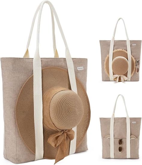 Amazon.com | Caracaleap Large Beach Tote Bag with Zipper - Travel Tote Bag for Women with Sun Hat Holder Strap- Vacation Beach Bag Hat Holding Boho Summer Beach Tote | Travel Totes Canvas Bag Diy, Hat Holder, Stylish Tote Bag, Beach Tote Bag, Denim Tote Bags, Travel Tote Bag, Denim Tote, Sell Online, Vacation Beach