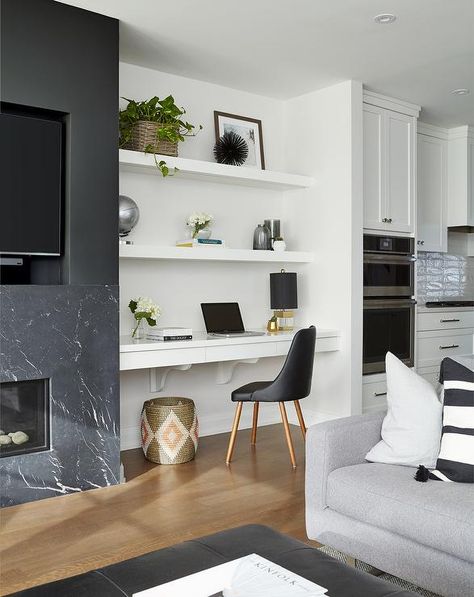 Built In Floating Desk Next to Black Marble Fireplace Mantel - Contemporary - Living Room Floating Shelves Living Room, White Floating Shelves, Fireplace Built Ins, Living Room And Kitchen, Desk In Living Room, Built In Desk, Family Room Design, Fireplace Design, Contemporary Living Room