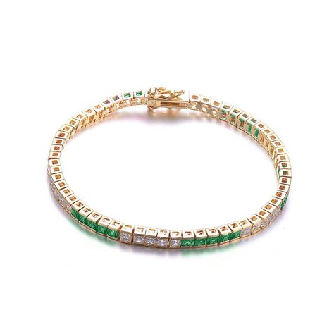 This classic tennis style bracelet beautifully dresses up any outfit. The cubic zirconia stones are accented with bright green stones set in gold plated sterling silver. diamond braceletsdiamond ankle braceletsdiamond bracelets for menexclusive diamond braceletsdiamond friendship braceletsdesigns of diamond braceletsnew diamond bracelets Tennis Jewelry, Diamond Bangles, Tennis Style, Gems Bracelet, Classic Bracelets, Diamond Bangle, Best Diamond, Mens Jewelry Bracelet, Tennis Bracelet