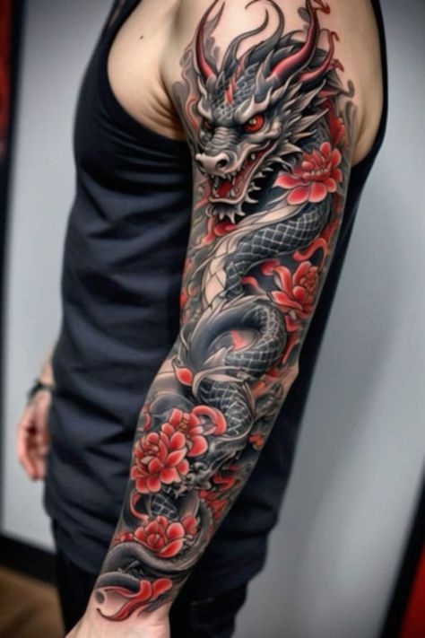 Colour Sleeve Tattoo Men, Asian Dragon Tattoo Men, Realistic Japanese Dragon, Japanese Dragon Sleeve Tattoo, Japan Dragon Tattoo, Dragon Phoenix Tattoo, Dragon And Phoenix Tattoo, Japon Tattoo, Dragon Tattoo Wrapped Around Arm