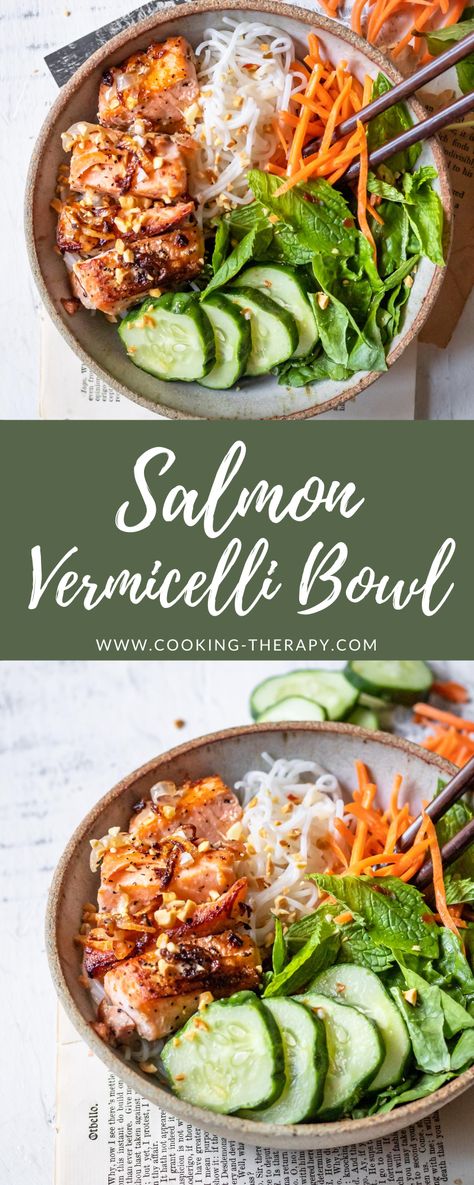 Thai Salmon Bowl, Salmon Vermicelli Bowl, Vietnamese Salmon Recipes, Vermicelli Bowl Recipes, Shrimp Vermicelli Bowl, Vermicelli Recipes Easy, Chicken Vermicelli Bowl, Vietnamese Vermicelli Bowl, Vermicelli Noodle Bowl