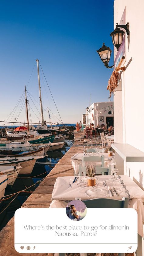 Seafront restaurant with boats in the fore and background. 10 Days In Greece, Naoussa Paros, Athens Travel, Greece Honeymoon, Greece Itinerary, Greek Vacation, Places In Greece, Paros Greece, Most Romantic Places