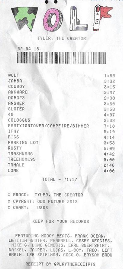 Tyler The Creator Album Receipt, Call Me If You Get Lost Receipt, Tyler The Creator Receipt, Music Album Receipts, Music Receipts, Album Receipts, Collage Cutouts, Album Receipt, Wolf Album