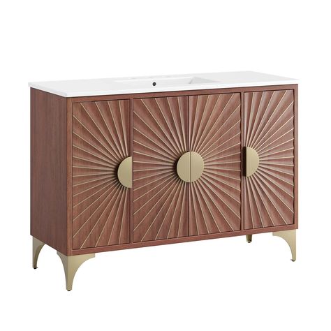 PRICES MAY VARY. SUNSHINE BATHROOM VANITY - Energize your bathroom space with the powder-coated brass details, rich wood grain, and sun ray design that radiates from this bathroom vanity cabinet SOLID WOOD CONSTRUCTION - Resting on brass metal legs with an arched design, this bathroom cabinet is crafted with solid mango wood with beautifully rich wood grain BATHROOM STORAGE - Keep counter space clean and organize bathroom essentials with the ample storage space that the open shelf and pull-out d 48 Inch Bathroom Vanity, Wood Sink, Wood Bathroom Vanity, Bathroom Vanity Cabinet, Contemporary Bathroom Vanity, Bathroom Vanity Base, White Vanity Bathroom, Double Sink Bathroom, Double Sink Bathroom Vanity