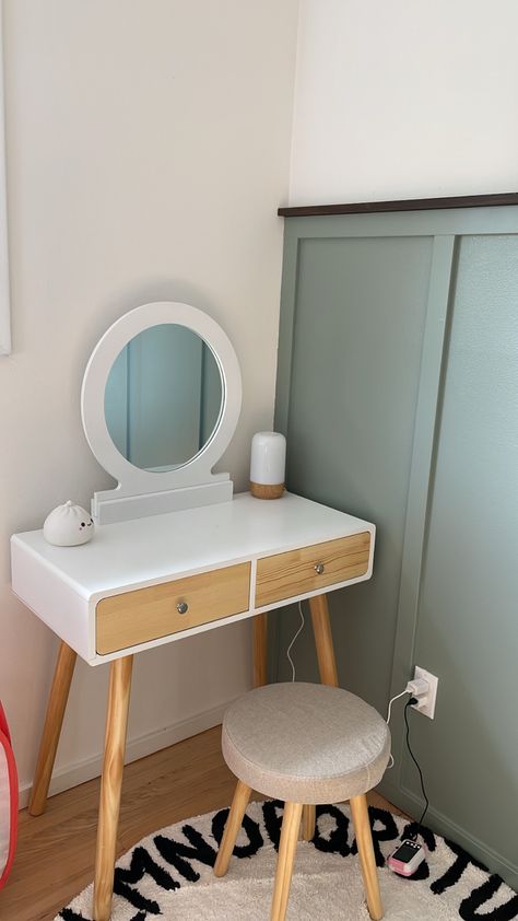 Modern White and natural wood vanity with round mirror in a girls room with green painted walls Girls Vanity Ideas Kids Bedroom, Kids Vanity Diy Girls Bedroom, Toddler Vanity Ideas, Girls Vanity Ideas Kids, Diy Kids Vanity, White Modern Vanity, Scandi Dressing Table, Vanity Ideas Bedroom Small, Kids Makeup Vanity