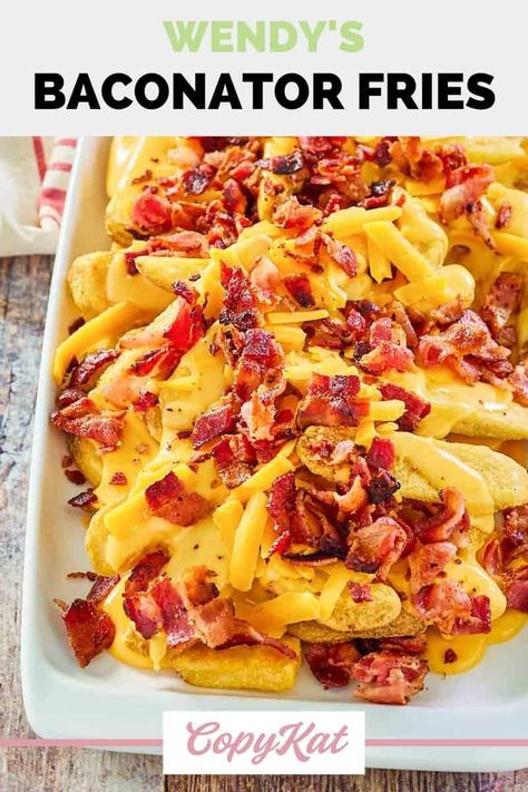 Wendy’s Baconator Fries are a tasty side dish or appetizer. Get the easy copycat recipe and find out how to make the best French fries loaded with bacon and cheese. Crispy natural cut French Fries are topped with a homemade cheese sauce, Cheddar Cheese, and crispy bacon. Baconator Fries, French Fries Loaded, Rv Snacks, French Fries With Cheese, The Best French Fries, Cheese Fries Recipe, Bacon Cheese Fries, Sauce Cheddar, Best French Fries