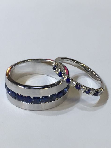 Blue Wedding Rings Sets His And Hers, Men’s Wedding Ring With Sapphire, Men’s Sapphire Wedding Band, Blue Wedding Rings Men, Unique Wedding Bands Matching, Sapphire Wedding Bands, Real Rings, Blue Diamond Wedding Band, Royal Blue Wedding Theme