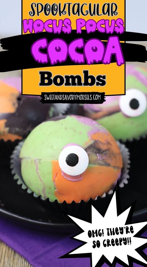 Hocus Pocus Hot Chocolate Bombs Hocus Pocus Hot Chocolate, Candy Eyeballs, Bombe Recipe, Black Candy, Orange Candy, Chocolate Candy Melts, Chocolate Bomb, Hot Chocolate Mix, Cocoa Mix