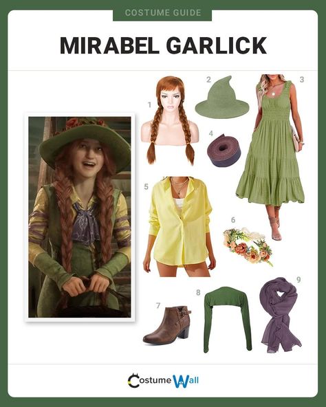 Mirabel Garlick Costume Earthy Witch, Green Witch Hat, Got Costumes, Costume Guide, Green Apron, Best Costume, Rose Flower Crown, Lily Potter, Sleeveless Summer Dress