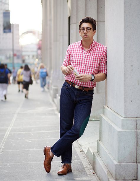 Pink Check Shirt Outfit, Red Gingham Shirt Outfit, Shirt Office Outfit, Check Shirt Outfit, Gingham Shirt Outfit, Pink Check Shirt, Office Casual Wear, Red Gingham Shirt, Shirt Outfit Men