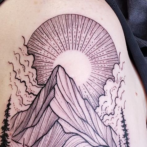 Traditional Tattoos Mountains, Flatiron Mountains Tattoo, Landscape Traditional Tattoo, So Much Tattoo, Mountain Reflection Tattoo, Stipple Mountain Tattoo, Blackwork Mountain Tattoo, Pnw Tattoo, Oregon Tattoo