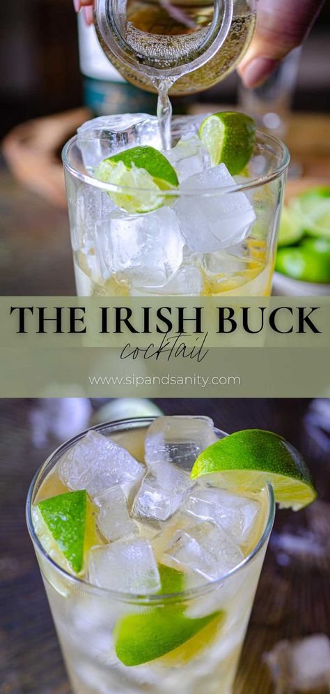 Two images of a whiskey ginger cocktail. Whiskey Drinks Recipes, Irish Dinner, Cocktails And Canapes, Irish Drinks, Ginger Cocktails, Whiskey Ginger, Cocktail And Mocktail, Whiskey Drinks, Classic Cocktail