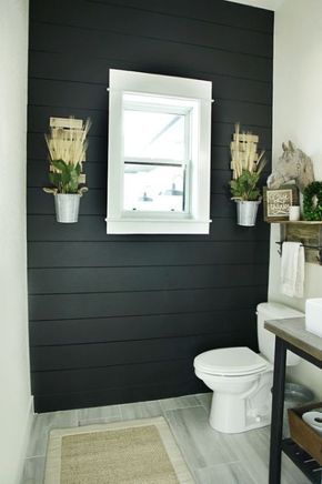 Black Shiplap, Farmhouse Bathroom Design, Shiplap Bathroom, Bathroom Farmhouse Style, White Shiplap, Half Bathroom, Trendy Bathroom, Bath Room, Stunning Interiors