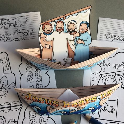 MouseMakesStudio - Etsy Toddler Bible, Jesus Calms The Storm, Paper Boats, Bible Story Crafts, Calming The Storm, Sunday School Crafts For Kids, Bible Coloring Pages, Colouring Page, Sunday School Activities