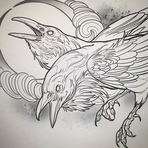 Raven Neotraditional, Raven Tattoo Stencil, Raven Tattoo Design, Tattoo Japonais, Viking Compass Tattoo, Crow Drawing, Raven Design, Crows Drawing, Crow Tattoo Design