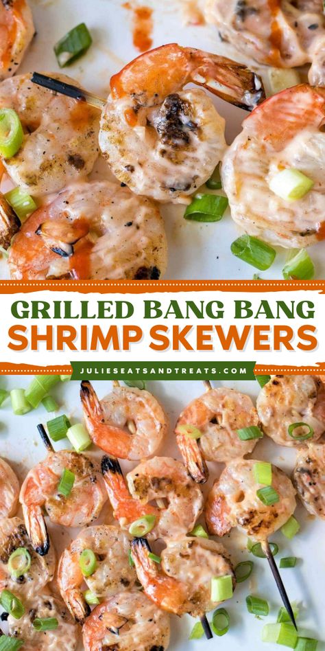 Add these Grilled Bang Bang Shrimp Skewers to your Spring grilling ideas! These shrimp skewers are grilled and covered in a spicy, creamy, sweet chili sauce. They also make a great addition to your Memorial Day party food! Summer Barbeque Party, Grilled Shrimp Marinade, Best Grilled Shrimp Recipe, Easy Grilled Shrimp Recipes, Shrimp Skewer Recipes, Shrimp Marinade, Shrimp Kabobs, Grilled Shrimp Skewers, Summer Barbeque