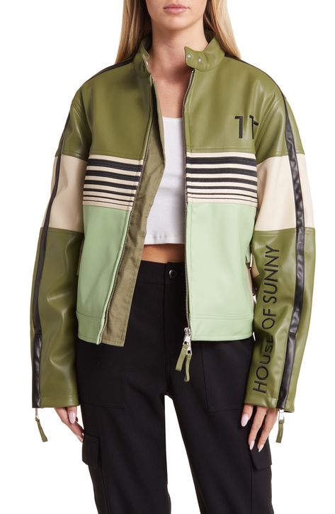 House of Sunny The Racer Colorblock Faux Leather Jacket available at #Nordstrom House Of Sunny, Racer Jacket, Green Fits, Faux Leather Moto Jacket, Faux Leather Jacket, Leather Moto Jacket, Faux Leather Jackets, Everyday Wardrobe, Moto Jacket