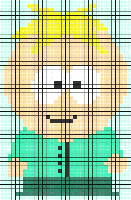 South Park Alpha Pattern, Knitting Graphs, Butters Stotch, Butters South Park, Beads Art, Pixel Drawing, South Park Characters, Pixel Art Pattern, Crochet Tapestry