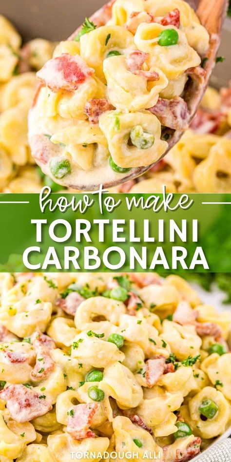 An easy dinner recipe that takes around 30 minutes and minimal ingredients, this Tortellini Carbonara is always a family hit. With the cheese and spinach-filled pasta, bacon, peas, cheese, cream, and more – you really couldn’t ask for a more amazing dish. If you’ve been looking about switching up your pasta routine, then you absolutely have to make this Tortellini Carbonara. Tortellini With Peas And Bacon, Easy Lazy Dinner Ideas, Summer Meal Ideas Dinners, Tortellini Carbonara, Carbonara Recipes, Bacon Peas, Amazing Dinners, Easy Tortellini, Pasta Bacon