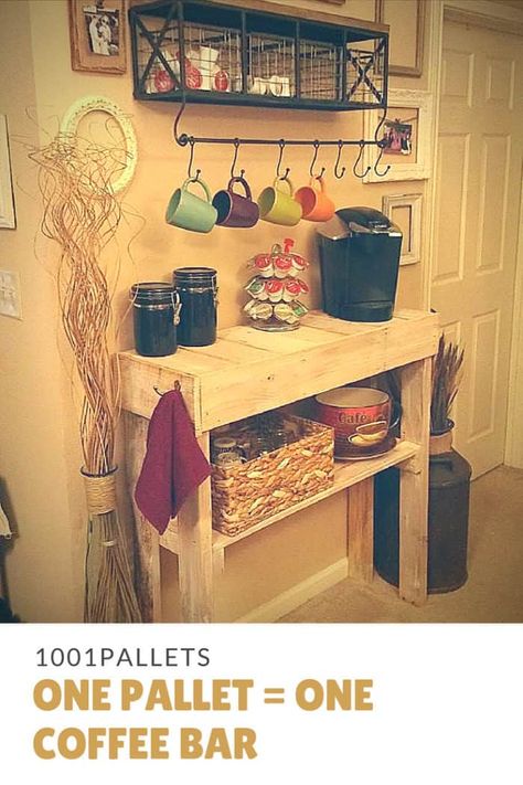 A kitchen coffee bar made from ONE single pallet.  #Kitchen, #RecyclingWoodPallets #PalletBars Pallet Coffee Bar, Pallet Design Ideas, Pallet Diy Projects, Bar Pallet, Pallet Dining Table, Pallet Bar Diy, Diy Pallet Sofa, Pallet Kitchen, Diy Coffee Bar