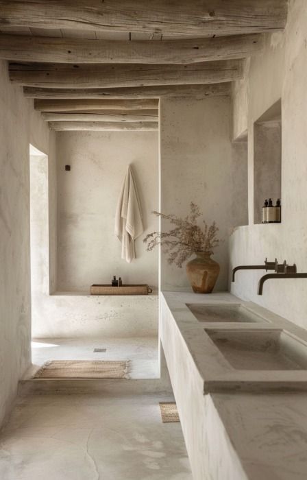 Earth Tone Bathroom, Earthy Bathroom, Casa Wabi, Spa Inspired Bathroom, Mediterranean Interior, Concrete Bathroom, Beige Bathroom, Hus Inspiration, Bathroom Inspiration Decor