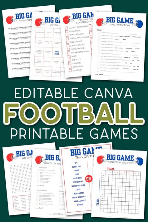 I like watching football games generally, but I love watching the NFL championship at the end of the year. Lots of yummy food, funny commercials, and maybe a friendly wager among friends! I have created a Canva template that includes eight different printable games including an editable football squares printable. You can customize these printable to match the teams in the Big Game and then print them to play on game day. Superbowl Ideas, Superbowl Squares, Football Squares, Square Printables, Watching Football, Nfl Championships, Funny Commercials, Kid Parties, Food Funny