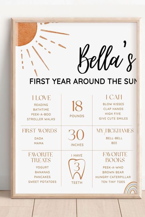 Capturing Milestone Memories: First Birthday Signage Suggestions Birthday Signage, Baby Handprint Crafts, Sunshine First Birthday, Birthday Milestone Board, First Birthday Posters, Sun Birthday, Milestone Board, Forest Birthday, First Trip Around The Sun