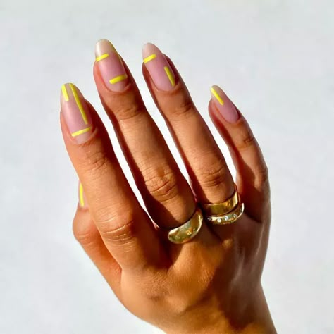 Bright Nail Designs, Yellow Nails Design, Yellow Nail, Nails Yellow, Nail Looks, Tie Dye Nails, Geometric Nail, Lines On Nails, Striped Nails