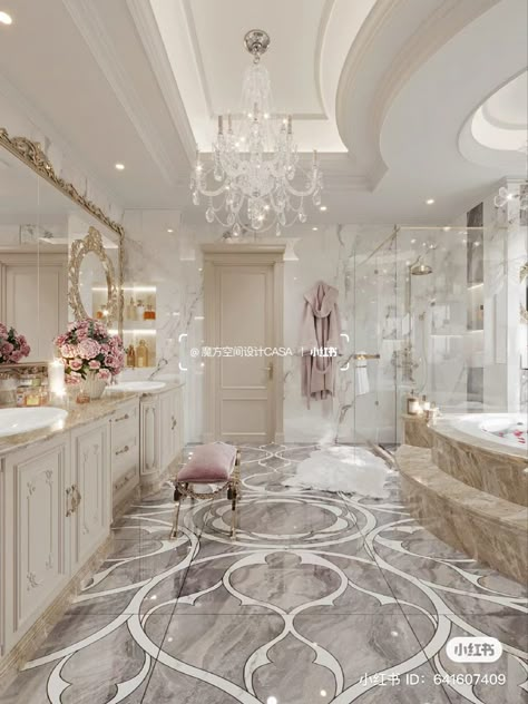 Royal Aesthetic Bathroom, Royal Style House, Princess Bathroom Royal, Pink Bathroom Luxury, Pink Princess Bathroom, Luxurious Bedrooms Pink, Aesthetic Big Bathroom, Princess Bathroom Ideas, Angelic Bathroom