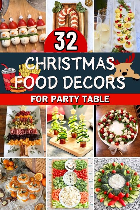 32 Spectacular Food Decoration Ideas for an Unforgettable Christmas Party Table - A collection of stunning food decoration ideas that will make your Christmas party unforgettable. Christmas Themed Buffet, Christmas Party Food Layout, Funny Christmas Appetizers, Food Tray Ideas, Cozy Christmas Party, Elegant Charcuterie, Funny Birthday Pictures, Decorated Food, Food Display Table