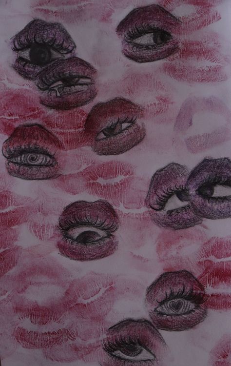 kisses drawn with red lipstick, inside the kisses there are eyes drawn with pencil Lipstick Art Drawing Kiss, Kiss Eyes Drawing, Kisses Sketch, Kiss Mark Drawing, Lipstick Kiss Art, Lipstick Drawing, Kiss Aesthetic, Lipstick Eyes, Wallpaper Makeup