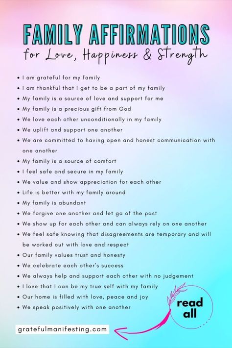 Family Affirmations Life, Manifesting A Happy Family, Affirmation For Happy Family, Health Affirmations Positive Family, Mantras For Love, Sibling Affirmations, Good Health Affirmations Family, Family Mantra Ideas, Affirmation For Happiness