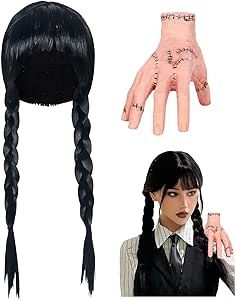 Junova Goth Halloween Costume Wednesday Addams Outfit - Braided Wigs with Bangs, Fake Thing Hand Addams Family Set (Set) Thing Hand Addams Family, Hand Addams Family, Addams Family Set, Costume Wednesday Addams, Addams Outfit, Goth Halloween Costume, Wednesday Addams Outfit, Thing Hand, Worst Costume