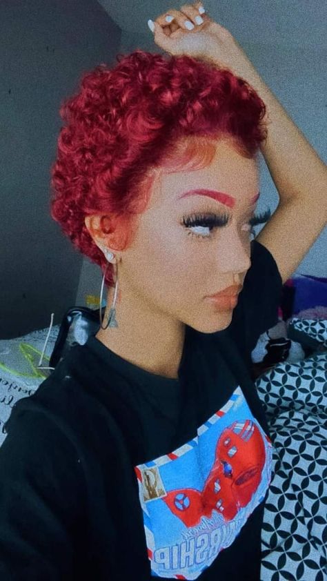 Big Chop Styles With Color, Black Women Dyed Hair Short, Big Chop Red Hair Black Women, Short Curly Red Hair Black Women, Red Hair Dye Ideas For Short Hair, Hot Pink Pixie Cut, Short Hairstyle Women Red Hair, Short Red Hair Black Women, Red Finger Waves