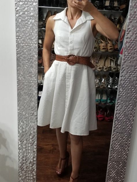 [DD's Discount] White sleeveless linen dress with pockets and brown weave belt. [Boutique] Brown T-strap platform heels. Brown Weave, Sleeveless Linen Dress, Woven Belt, White Sleeveless, Dress With Pockets, T Strap, Linen Dress, Platform Heels, White Dress