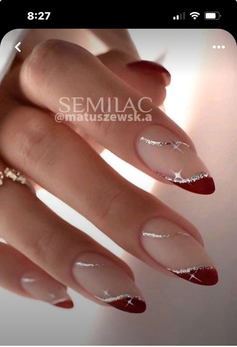 French Tip Nails Red And Gold, Red Gold Manicure, Maroon Nails With Gold Design, Modern Nail Designs Classy, Classy Festive Nails, Nude Nails With Red Design, Gold And Burgundy Nails, Red And Golden Nails, Burgundy Nails With Glitter