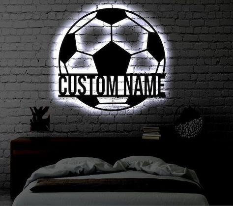 Personalized Soccer LED Metal Art Sign / Light up Soccer Ball - Etsy Soccer Themed Room, Soccer Themed Bedroom, Soccer Bedroom, Soccer Room, Soccer Wall Art, Soccer Theme, Soccer Art, Football Wall Art, Football Wall