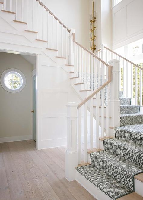 Wooden Handrail, Staircase Spindles, Tongue And Groove Walls, Wrought Iron Handrail, White Staircase, Wooden Staircase, Staircase Runner, White Stairs, Wood Handrail